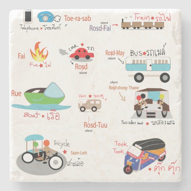 vehicles cartoons with Thai and English wording Stone Coaster (Front)