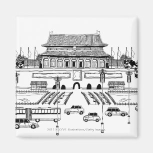 Vehicles on road by pagoda magnet