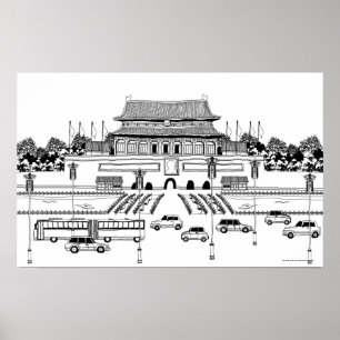 Vehicles on road by pagoda poster