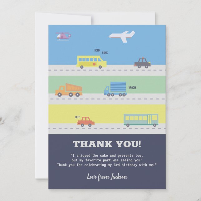 Vehicles, Trucks, Aeroplane Boy Birthday Thank You (Front)