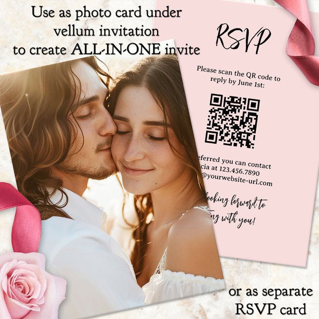 Vellum Background Photo All in One Wedding Invitation (Photo background with RSVP and QR code for vellum wedding invitation - all-in-one wedding invitation)