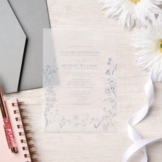 Vellum Chinoiserie Blue Victorian Floral Wedding Vellum Invitations (Wedding)