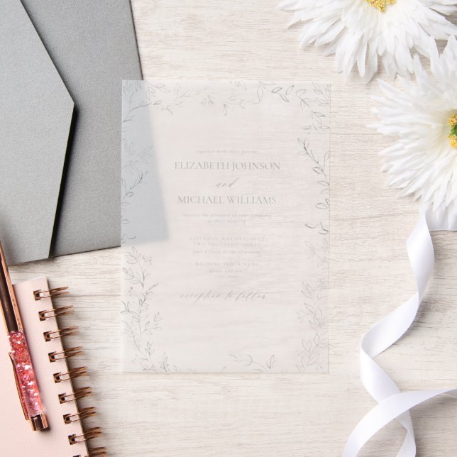 Vellum Elegant Modern Leaf Sage Green Wedding Invitations (Wedding)