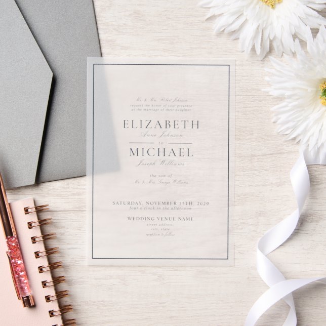 Vellum Elegant Navy Blue Classic Script Wedding Invitations (Wedding)