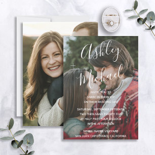 Vellum Look White Handlettered Photo Wedding Invitation