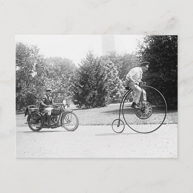 Velocipede and Police Motorcycle Vintage photo Postcard (Front)