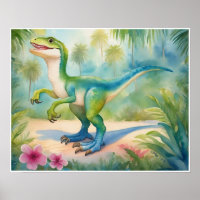 Velociraptor Watercolor Dinosaur Nursery Art