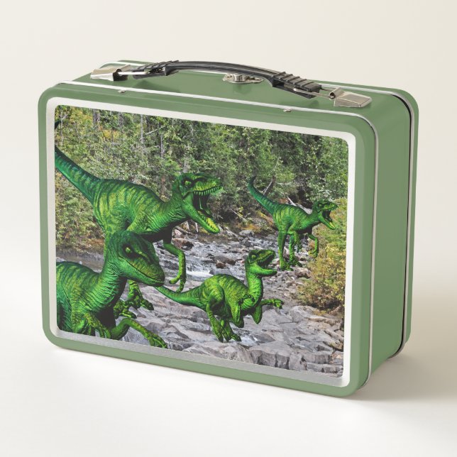 Velociraptors by a Mountain Stream Metal Lunch Box (Back)