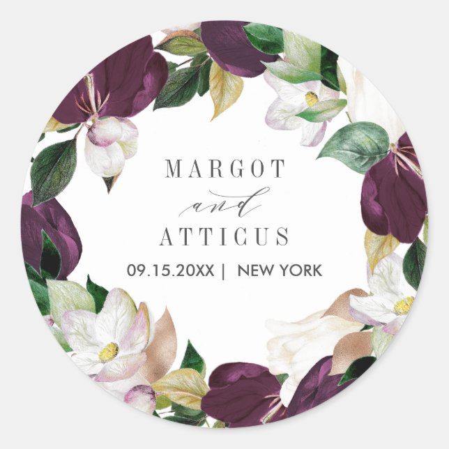 Velvet Bold Magnlia botanical wedding monogram Classic Round Sticker (Front)