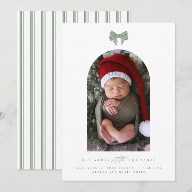 Velvet bow and arched photo New Baby Christmas  Holiday Card (Front/Back)