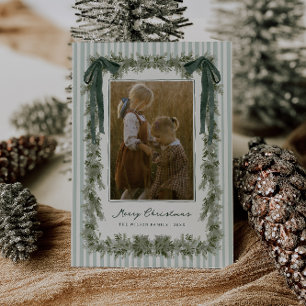Velvet Bow and Stripes Christmas Photo Card Green