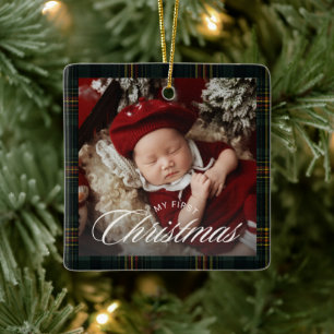 Velvet Bow Plaid Baby First Christmas Photo  Ceramic Ornament