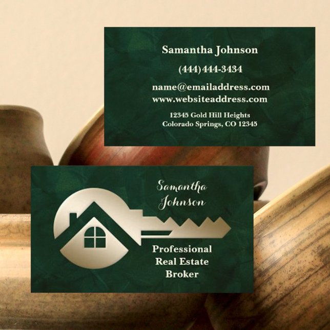 Velvet Emerald Gold Key Real Estate Business Card (Creator Uploaded)