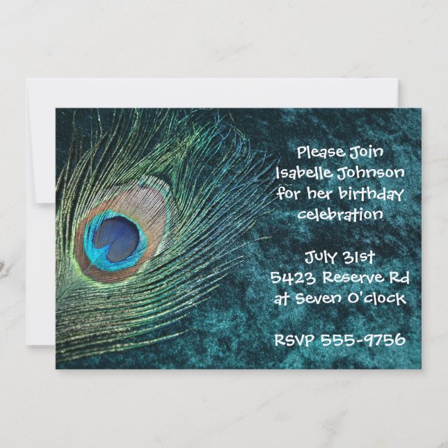 Velvet Green Peacock Birthday Invitations (Front)
