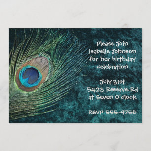 Velvet Green Peacock Birthday Invitations