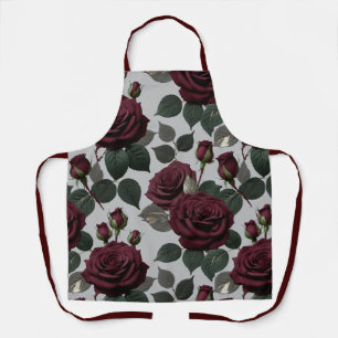 Velvet Like Dark Burgundy Roses With Green Leaves Apron