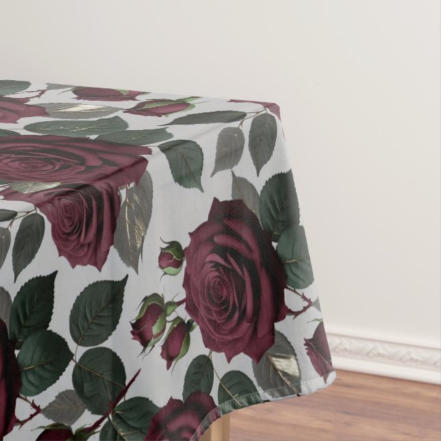 Velvet Like Dark Burgundy Roses With Green Leaves Tablecloth (In Situ)