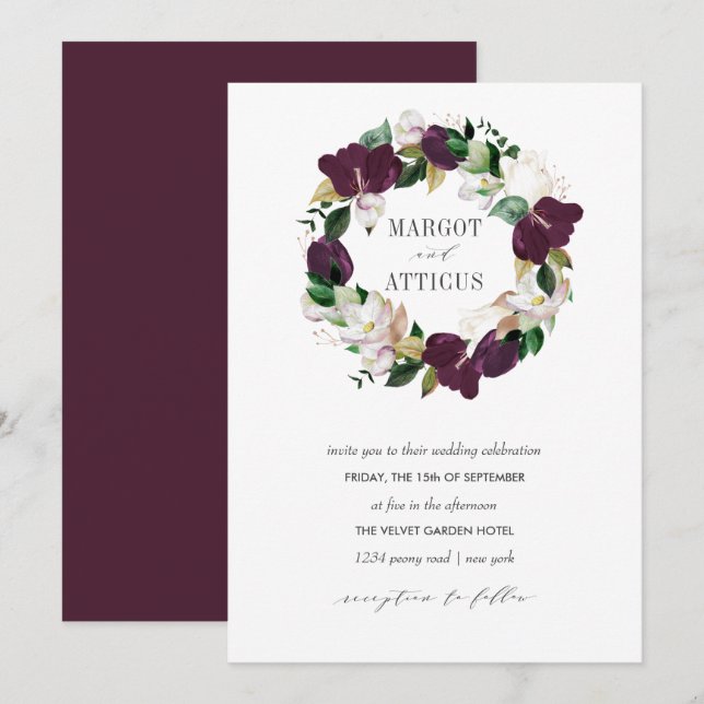 Velvet Magnolia and Ivory flower wreath wedding Invitation (Front/Back)