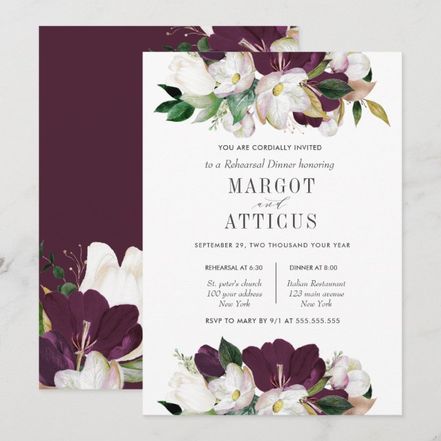 Velvet Magnolia Flower Wedding  Rehearsal Dinner Invitation (Front/Back)