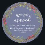Velvet Morning Blue Weve Moved Address Classic Round Sticker<br><div class="desc">Announce your new home with refined style using this Velvet Morning Blue “Weve Moved” address sticker. Featuring a hand-painted holiday wreath of greenery and berries,  this elegant design stands out with its soft blue-purple background and white calligraphy. Perfect for holiday cards,  moving announcements,  or personalized stationery.</div>