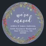 Velvet Morning Blue Weve Moved Address Classic Round Sticker<br><div class="desc">Announce your new home with refined style using this Velvet Morning Blue “Weve Moved” address sticker. Featuring a hand-painted holiday wreath of greenery and berries,  this elegant design stands out with its soft blue-purple background and white calligraphy. Perfect for holiday cards,  moving announcements,  or personalized stationery.</div>