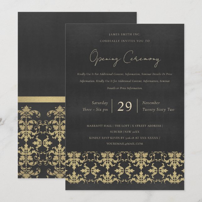 VELVET NAVY GOLD DAMASK GRAND  OPENING CEREMONY INVITATION (Front/Back)
