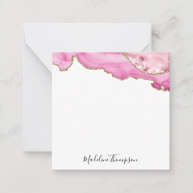 Velvet Pink Magenta Gold Agate Geode Script Square Card (Front)