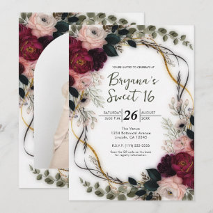 Velvet Plum Garden Floral Greenery Sweet 16 Invitation
