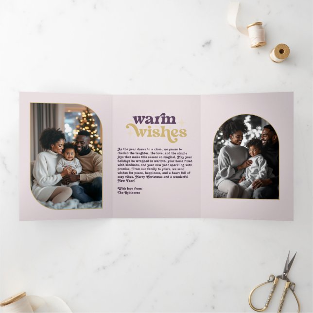 Velvet Plum Gold Cosy Vibes Retro Christmas Photo Tri-Fold Holiday Card (Inside)