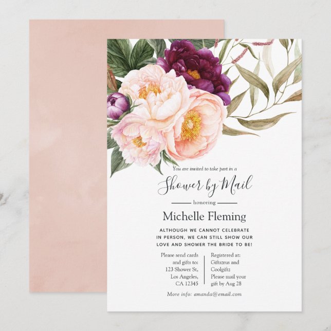 Velvet Plum & Peach Baby or Bridal Shower by Mail Invitation (Front/Back)
