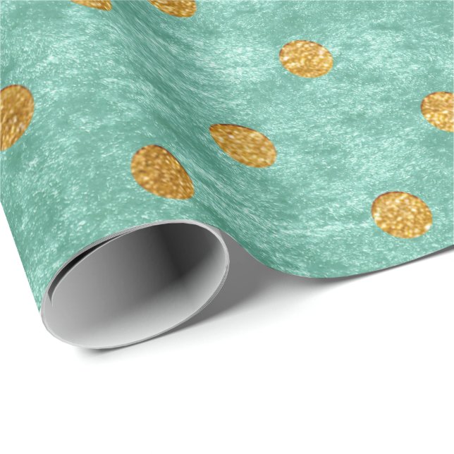 Velvet Polka Tiny Golden Dots Teal Aqua Tiffany Wrapping Paper (Roll Corner)