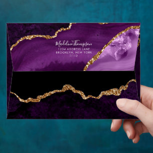 Velvet Purple Gold Agate Geode Script Address Envelope
