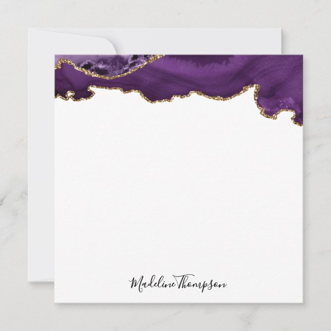 Velvet Purple Gold Agate Geode Script Square Card (Front)