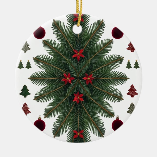 Velvet Red & Green Starburst Ceramic Ornament  (Front)