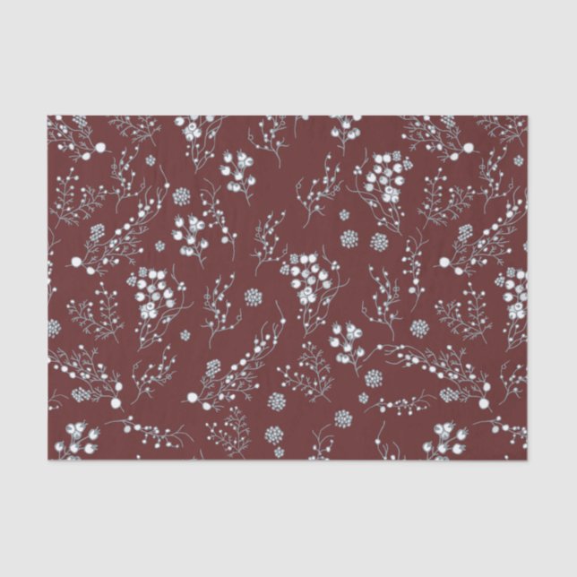 Velvet red with white winter berries pattern tissue paper (Front)