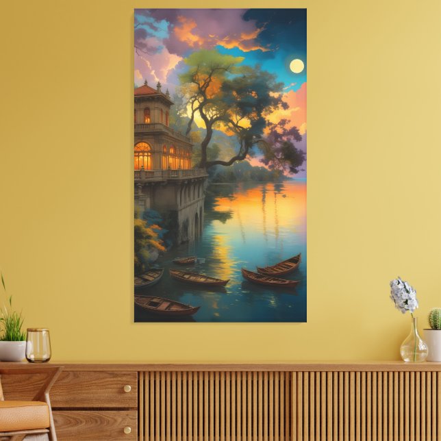 Velvet Twilight: The Lakeside Villa Canvas Print (Insitu(LivingRoom))