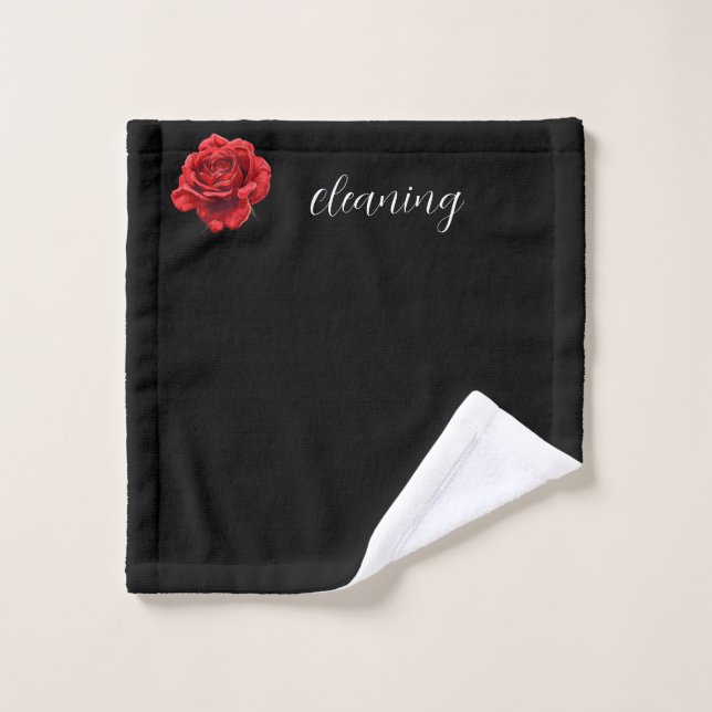 Velvety Black with White Script & Rose Accent Wash Cloth (Wash Cloth)