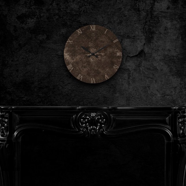 Velvety Bronze Damask | Brown Baroque Grunge Round Clock (Creator Uploaded)