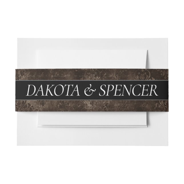 Velvety Bronze Damask | Mocha Brown Grunge Baroque Invitation Belly Band (Front Example)