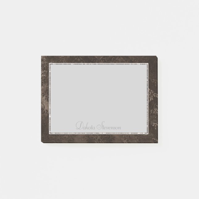 Velvety Bronze Damask | Mocha Brown Grunge Baroque Post-it Notes (Front)