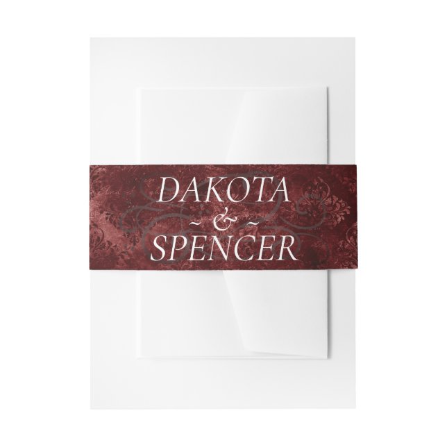Velvety Henna Damask | Crimson Red Grunge Baroque Invitation Belly Band (Front Example)