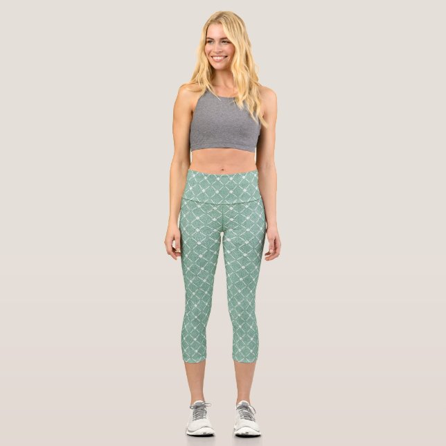 Velvety Lattice Pattern in Mint Green Capri Leggings (Front)