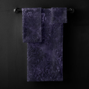 Velvety Midnight Damask   Indigo Purple Grunge Bath Towel Set