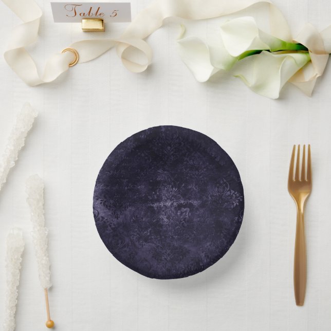 Velvety Midnight Damask | Indigo Purple Grunge Paper Plate (Wedding)
