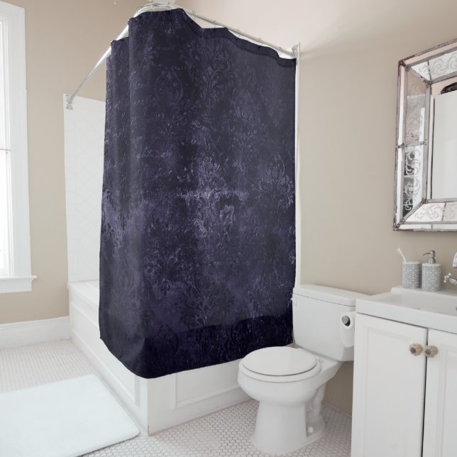 Velvety Midnight Damask | Indigo Purple Grunge Shower Curtain (In Situ)