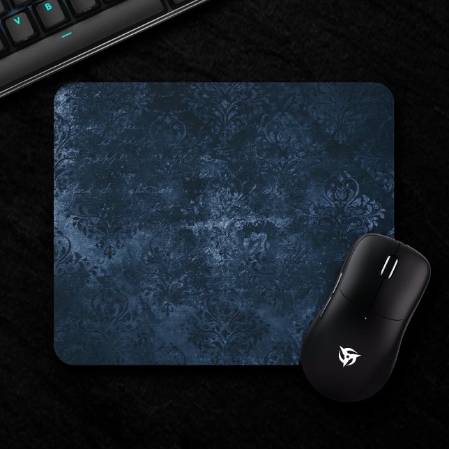 Velvety Navy Damask | Dark Blue Grunge Baroque Mouse Mat (Creator Uploaded)