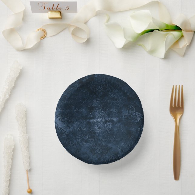 Velvety Navy Damask | Dark Blue Grunge Baroque Paper Plate (Wedding)