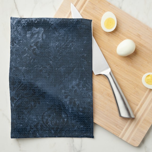 Velvety Navy Damask | Dark Blue Grunge Baroque Tea Towel (Quarter Fold)