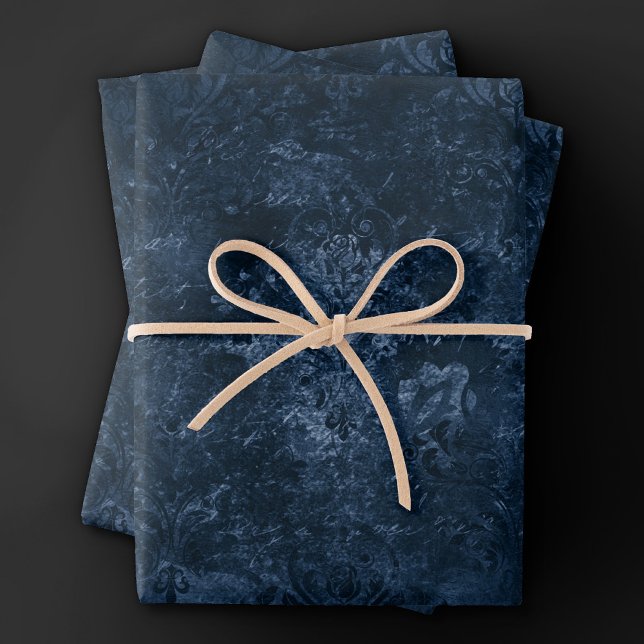 Velvety Navy Damask | Dark Blue Grunge Baroque Wrapping Paper Sheet (Creator Uploaded)