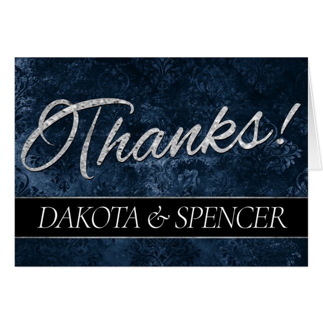 Velvety Navy Damask | Dark Blue Thank You Card (Front Horizontal)